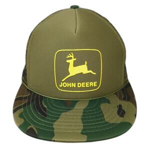 Cameo John Deere Trucker Hat Green Camo Mesh Back Snapback Flat Brim Vintage